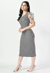 Chic Black and White Checked Bodycon Dress - Cowl Neck, Puff Sleeves, Party Perfection