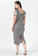 Chic Black and White Checked Bodycon Dress - Cowl Neck, Puff Sleeves, Party Perfection
