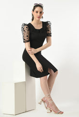 Chic Black Cowl Neck Bodycon Dress for Women - Party Ready with Puff Sleeves and Modern Flair