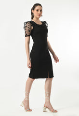 Chic Black Cowl Neck Bodycon Dress for Women - Party Ready with Puff Sleeves and Modern Flair