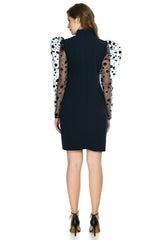 Chic Navy Blue Bodycon Party Dress for Women - Stylish High Neck with Puff Sleeves