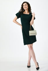 Stylish Green Empire Dress for Women - Party-Ready with Flared Sleeves and Square Neck