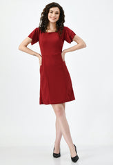 Elegant Maroon Empire Dress for Women - Short Sleeves, Square Neck, Party-Ready