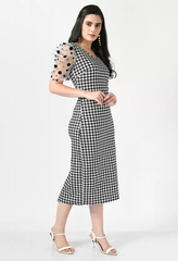 Chic Black and White Checked Bodycon Dress - Cowl Neck, Puff Sleeves, Party Perfection
