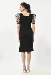 Chic Black Cowl Neck Bodycon Dress for Women - Party Ready with Puff Sleeves and Modern Flair