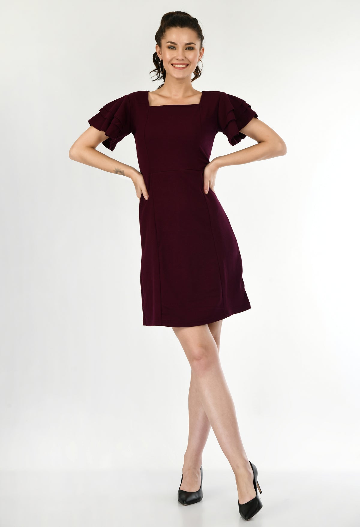 Chic Empire Brown Dress for Women - Party-Ready, Flared Sleeves, Cotton Blend