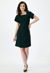 Stylish Green Empire Dress for Women - Party-Ready with Flared Sleeves and Square Neck
