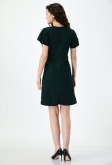 Stylish Green Empire Dress for Women - Party-Ready with Flared Sleeves and Square Neck