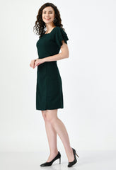 Stylish Green Empire Dress for Women - Party-Ready with Flared Sleeves and Square Neck