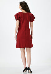 Elegant Maroon Empire Dress for Women - Short Sleeves, Square Neck, Party-Ready