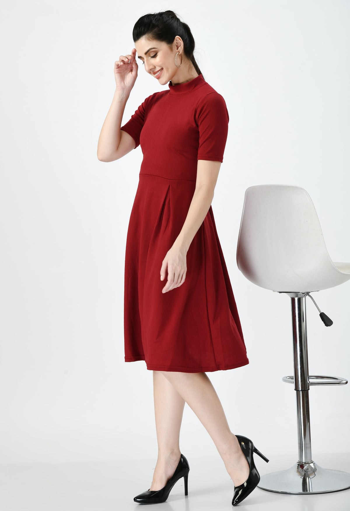 Gladly Maroon Fit and Flare Party Dress - High Neck, Short Sleeves, Above Knee, Elegant Cotton Blend