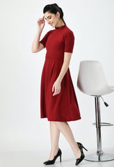 Gladly Maroon Fit and Flare Party Dress - High Neck, Short Sleeves, Above Knee, Elegant Cotton Blend