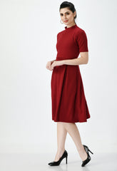 Gladly Maroon Fit and Flare Party Dress - High Neck, Short Sleeves, Above Knee, Elegant Cotton Blend