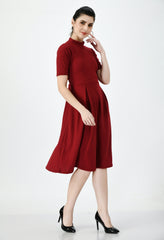 Gladly Maroon Fit and Flare Party Dress - High Neck, Short Sleeves, Above Knee, Elegant Cotton Blend