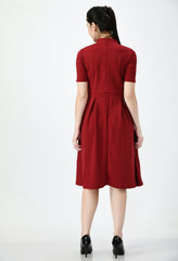 Gladly Maroon Fit and Flare Party Dress - High Neck, Short Sleeves, Above Knee, Elegant Cotton Blend