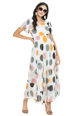 Floral Print Georgette Flared Sleeves White Maxi Dress