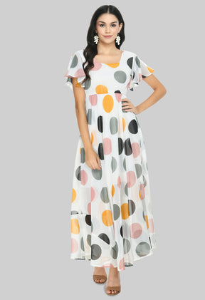 Floral Print Georgette Flared Sleeves White Maxi Dress