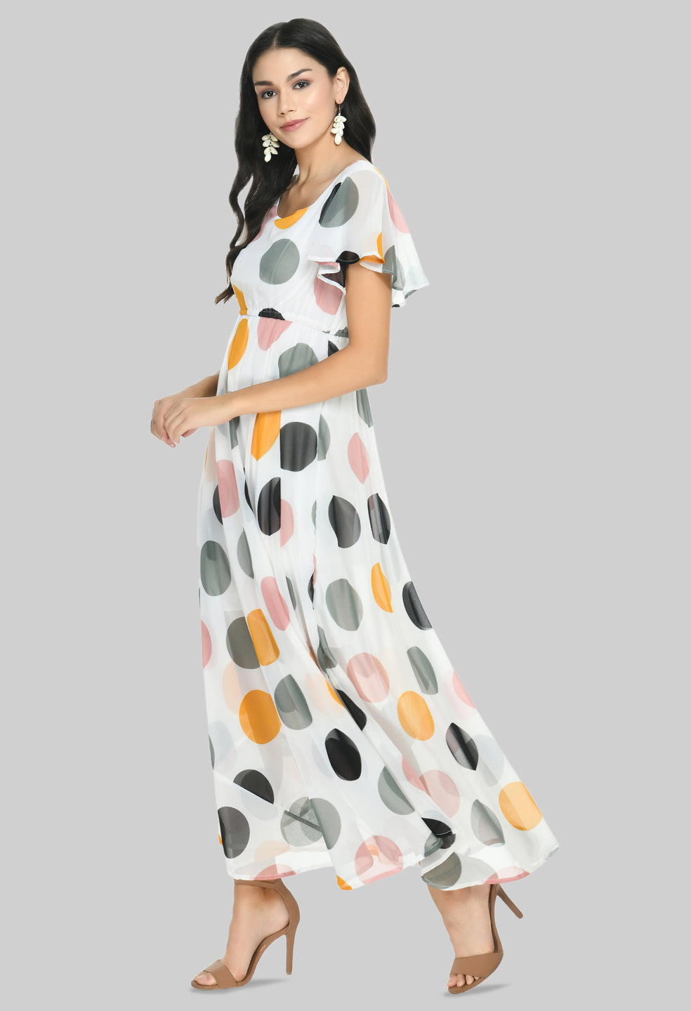 Floral Print Georgette Flared Sleeves White Maxi Dress