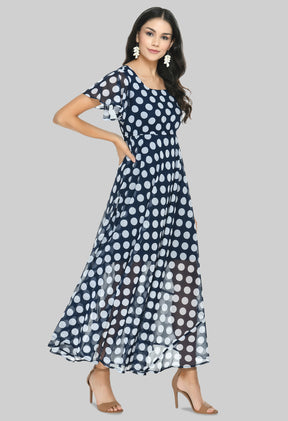 Floral Print Georgette Flared Sleeves Navy Blue Maxi Dress