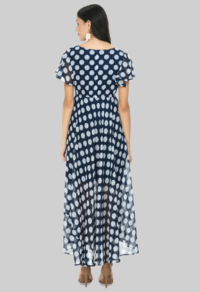 Floral Print Georgette Flared Sleeves Navy Blue Maxi Dress