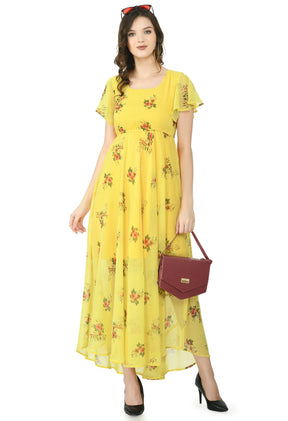 Floral Print Georgette Flared Sleeves Yellow Maxi Dress