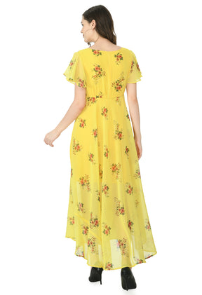 Floral Print Georgette Flared Sleeves Yellow Maxi Dress