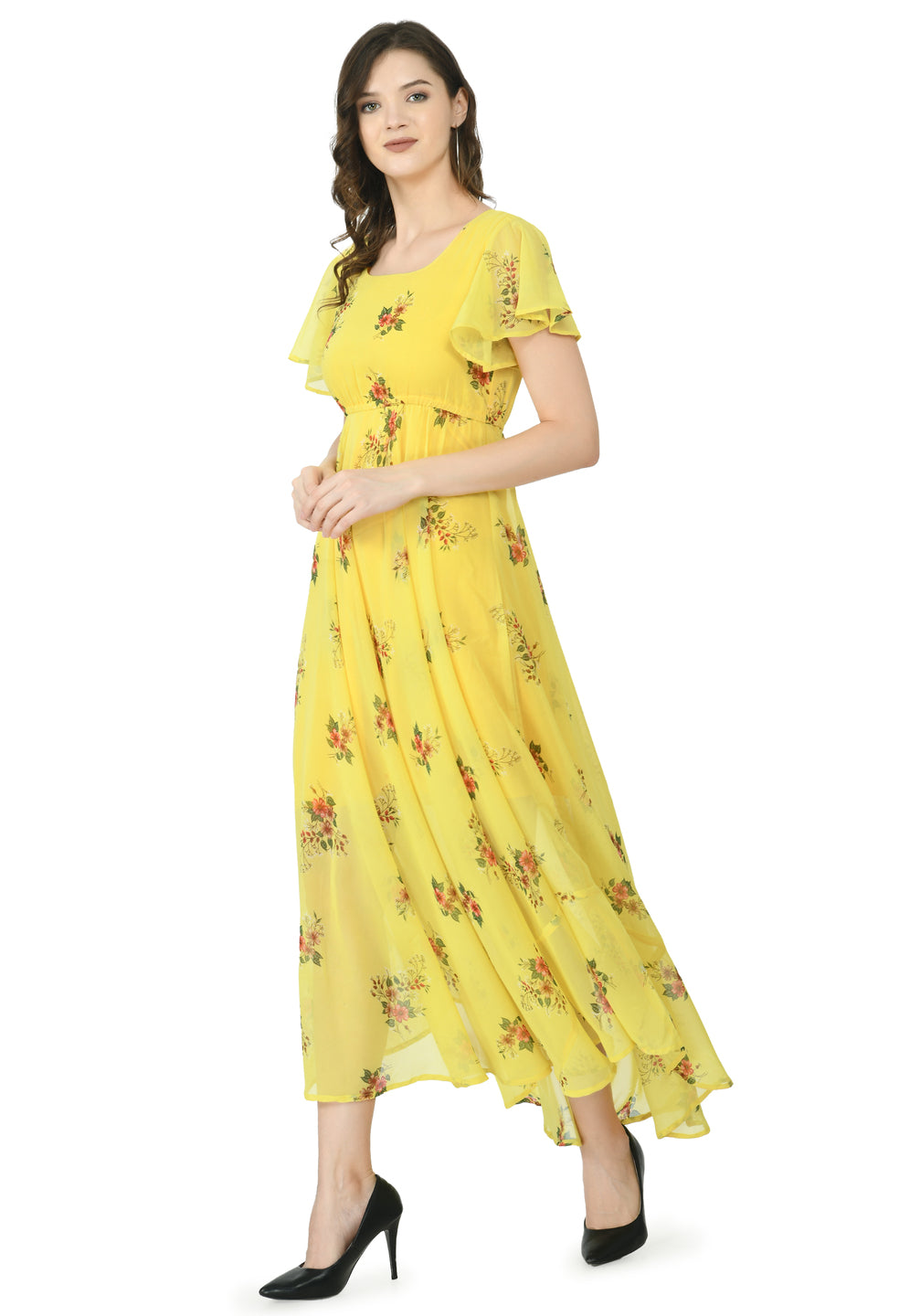 Floral Print Georgette Flared Sleeves Yellow Maxi Dress