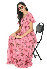 Floral Print Georgette Flared Sleeves Pink Maxi Dress