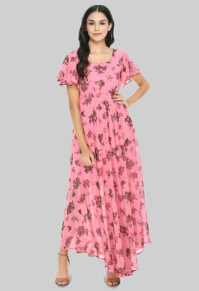 Floral Print Georgette Flared Sleeves Pink Maxi Dress