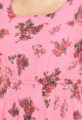 Floral Print Georgette Flared Sleeves Pink Maxi Dress