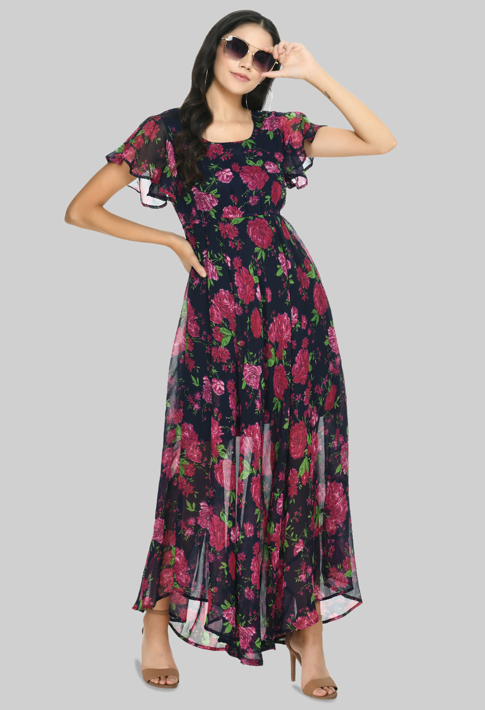 Floral Print Georgette Flared Sleeves Black Maxi Dress