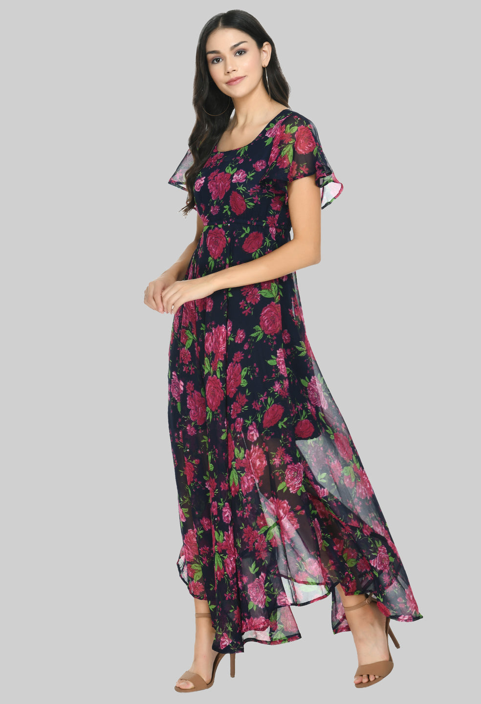 Floral Print Georgette Flared Sleeves Black Maxi Dress