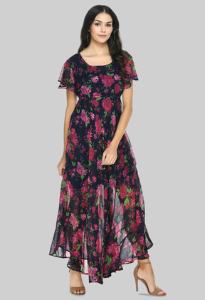 Floral Print Georgette Flared Sleeves Black Maxi Dress