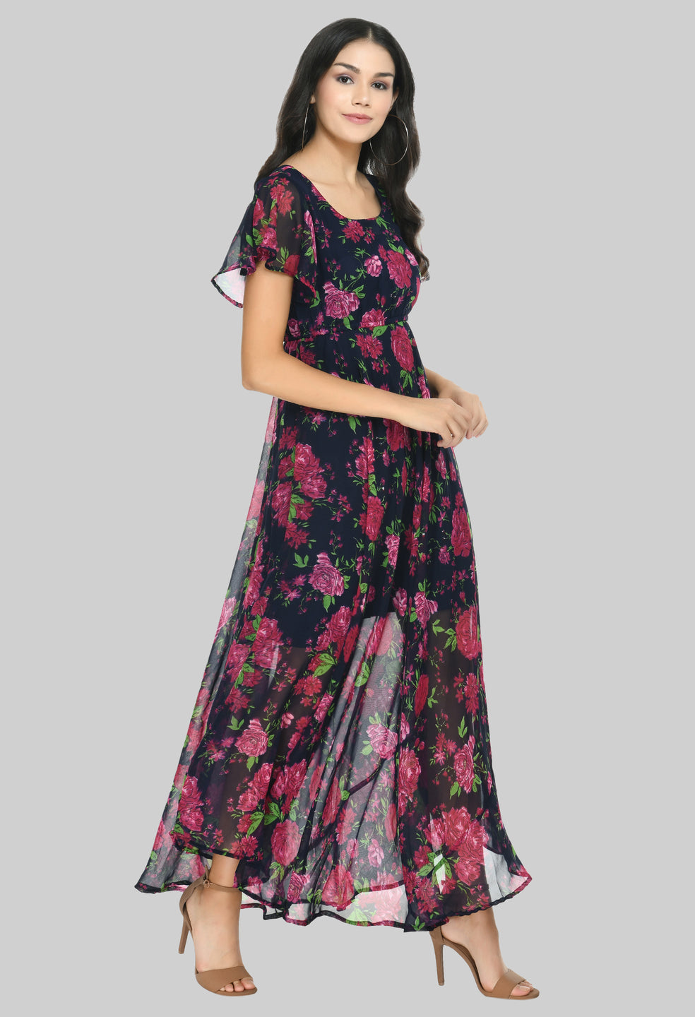 Floral Print Georgette Flared Sleeves Black Maxi Dress