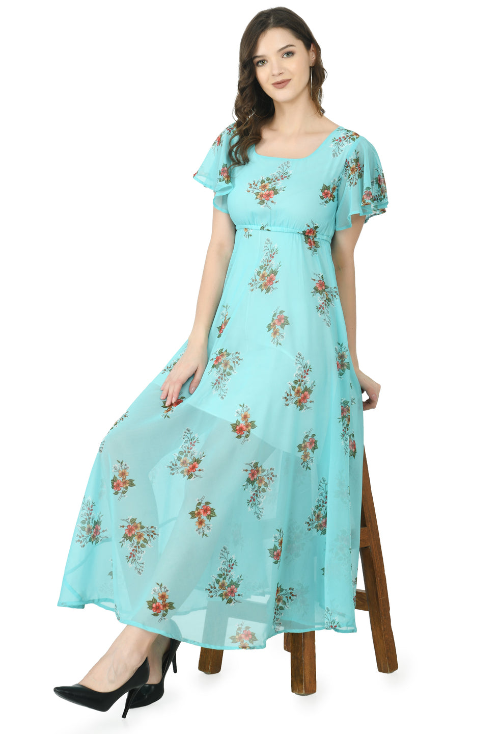 Floral Print Georgette Flared Sleeves Turquoise Blue Maxi Dress