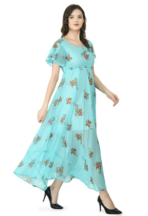 Floral Print Georgette Flared Sleeves Turquoise Blue Maxi Dress