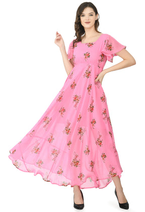 Floral Print Georgette Flared Sleeves Pink Maxi Dress