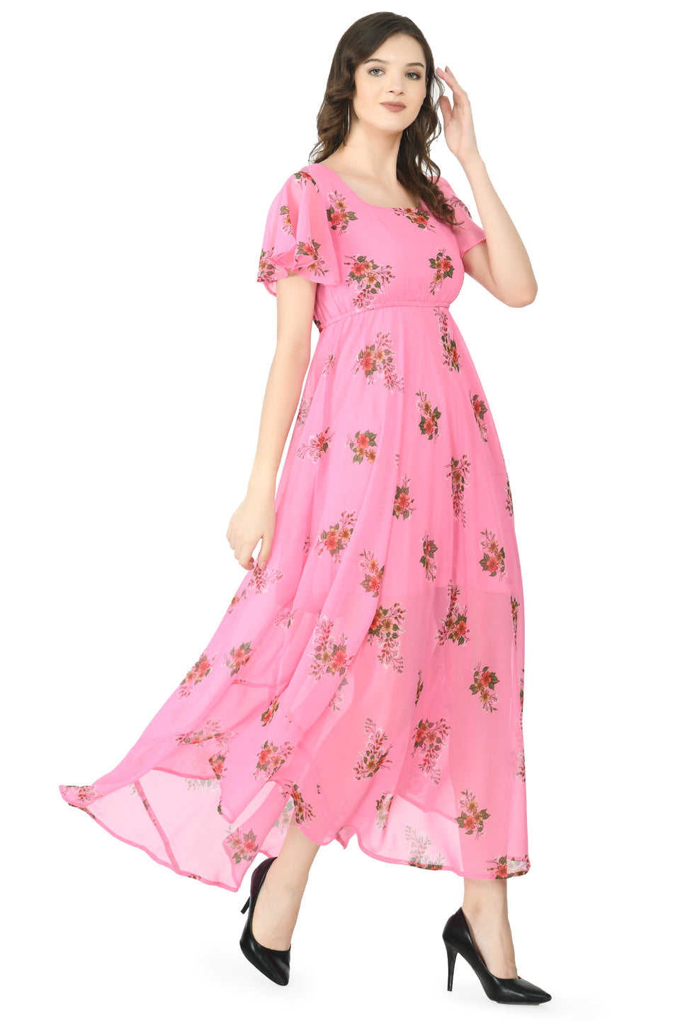 Floral Print Georgette Flared Sleeves Pink Maxi Dress