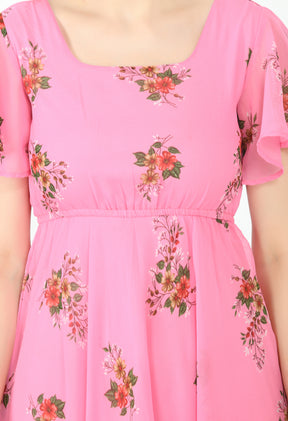 Floral Print Georgette Flared Sleeves Pink Maxi Dress