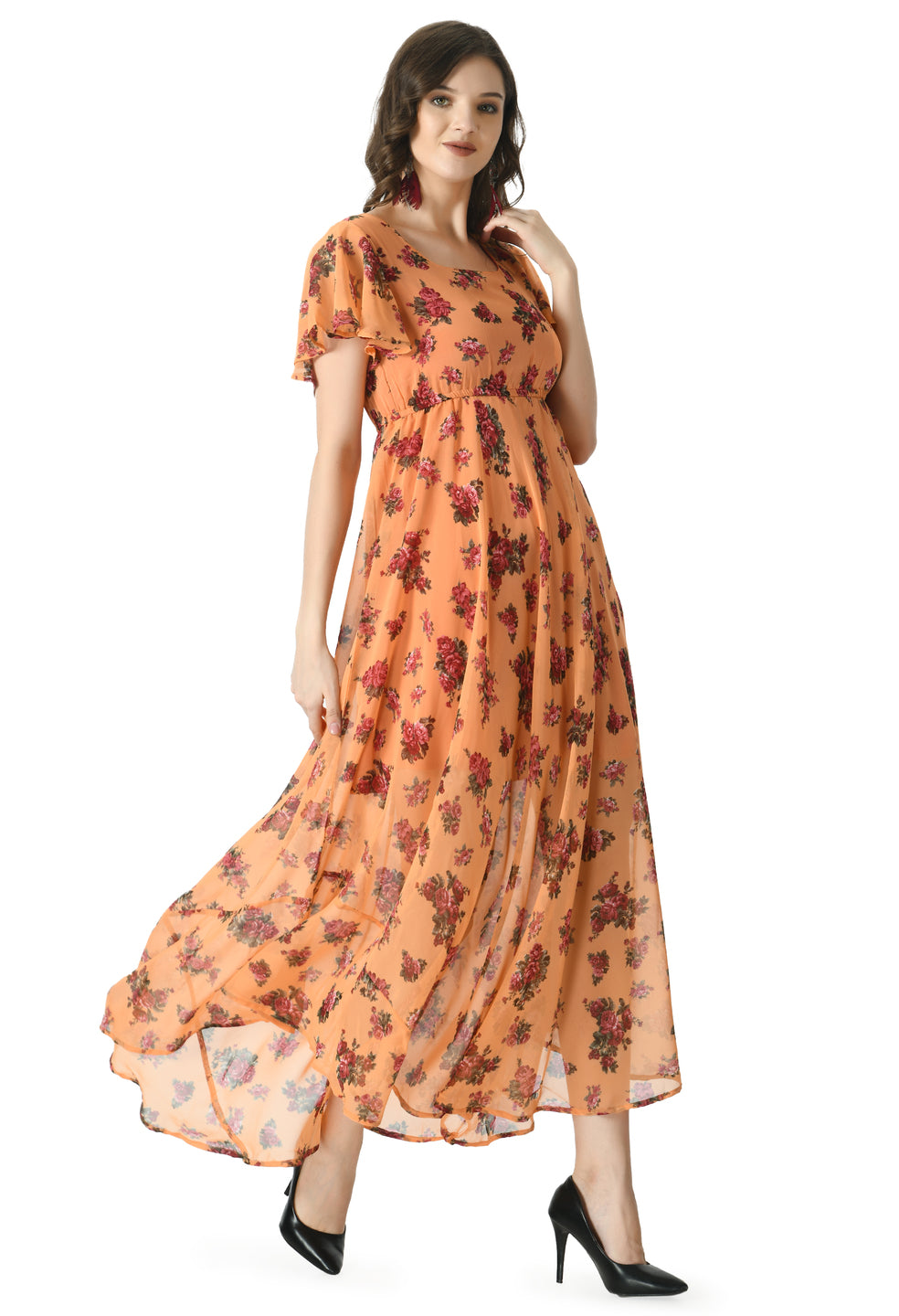 Floral Print Georgette Flared Sleeves Orange Maxi Dress