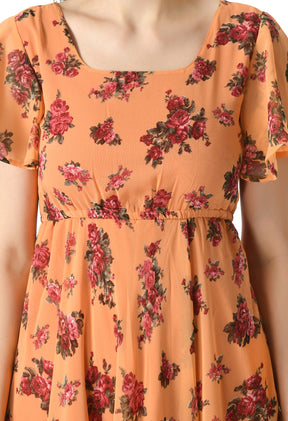 Floral Print Georgette Flared Sleeves Orange Maxi Dress