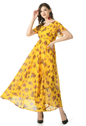 Floral Print Georgette Flared Sleeves Mustard Maxi Dress