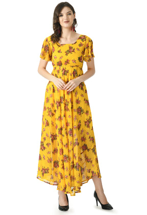 Floral Print Georgette Flared Sleeves Mustard Maxi Dress