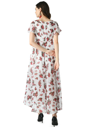 Floral Print Georgette Flared Sleeves White Maxi Dress