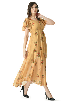 Floral Print Georgette Flared Sleeves Beige Maxi Dress