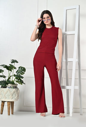 Women Maroon Solid Top and-Hot Pants Co-ords Set