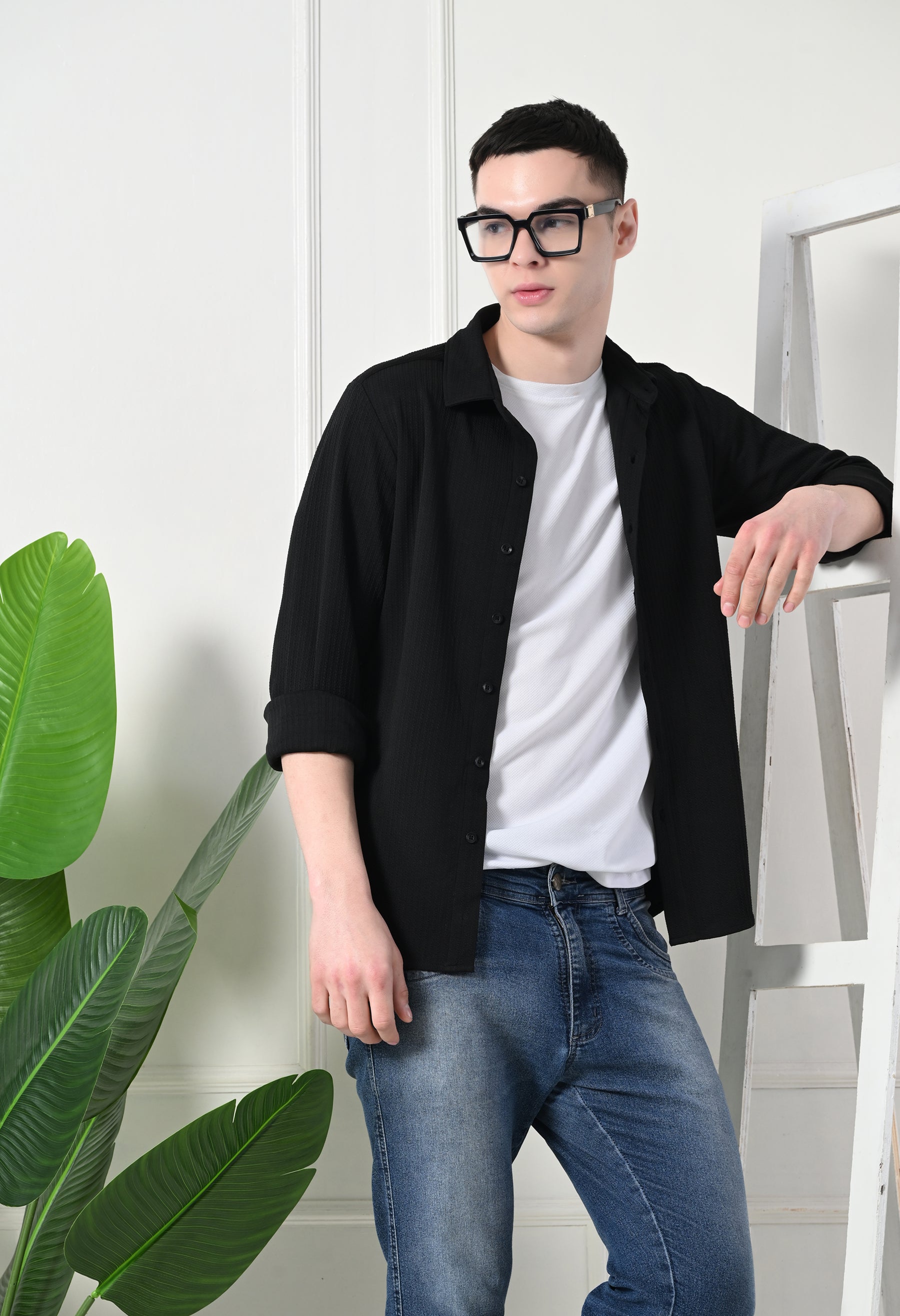 Classic Self Design Spread Collar Casual Shirt