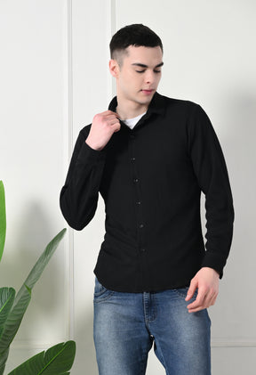 Classic Self Design Spread Collar Casual Shirt