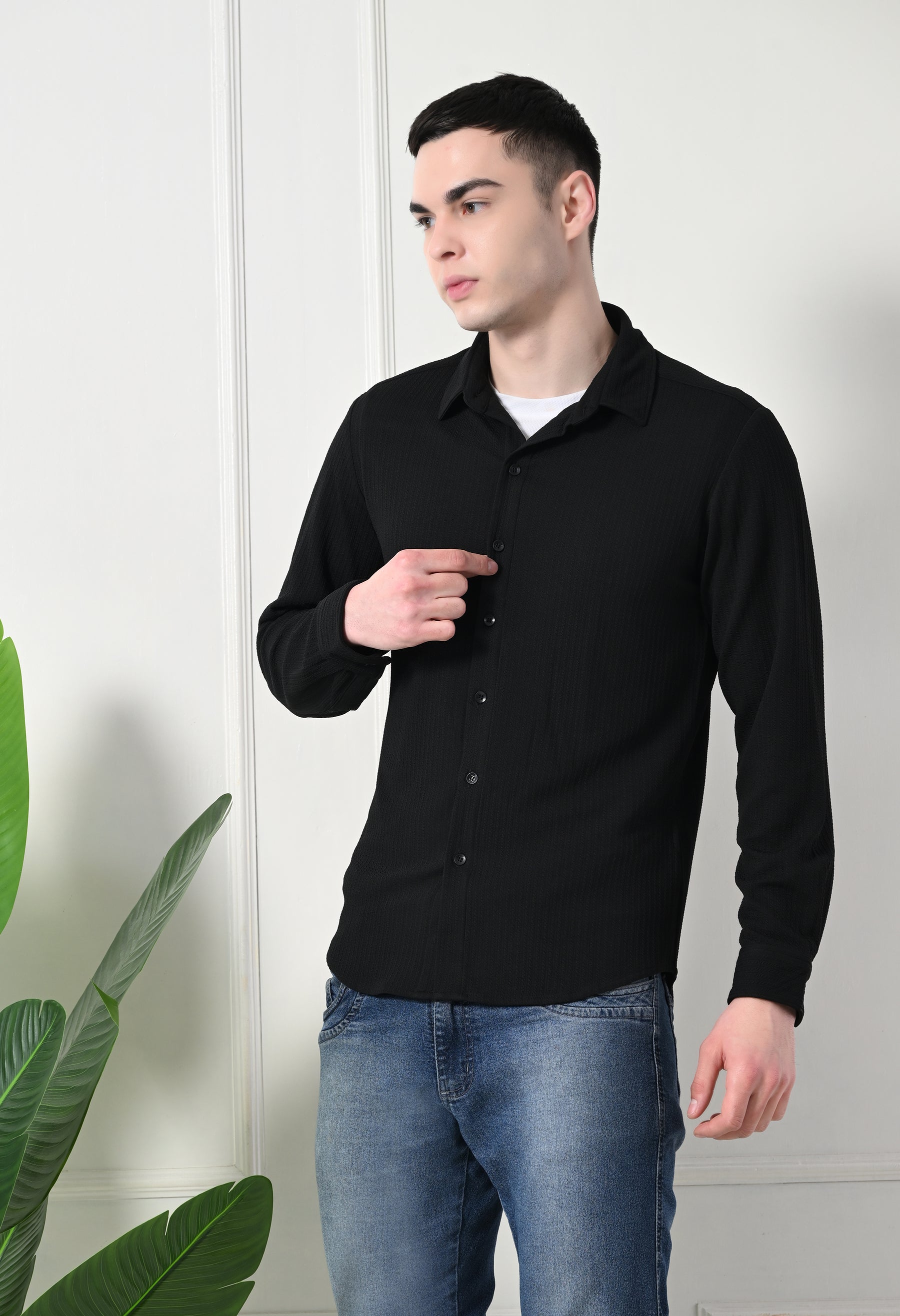 Classic Self Design Spread Collar Casual Shirt