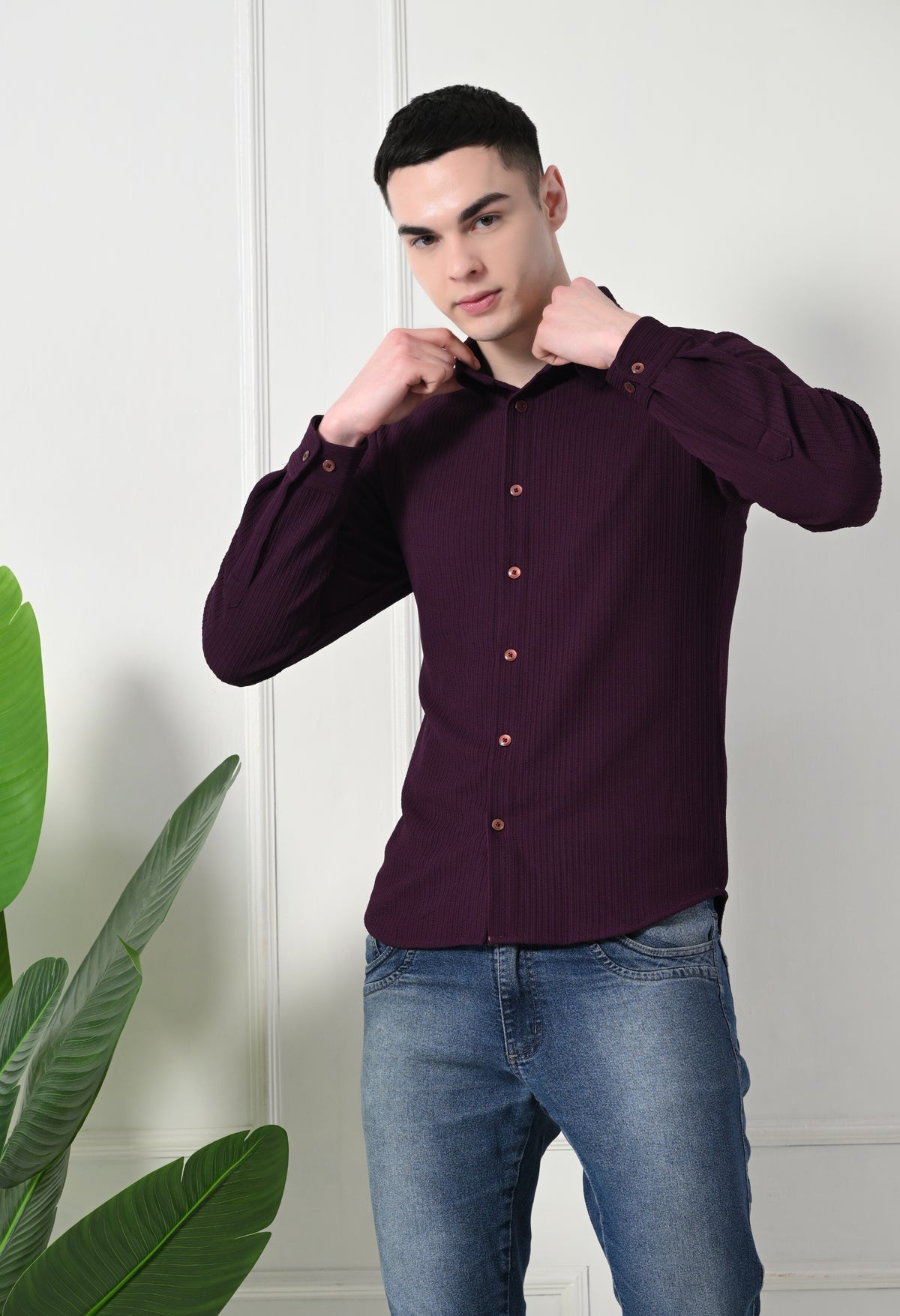 Classic Self Design Spread Collar Casual Shirt